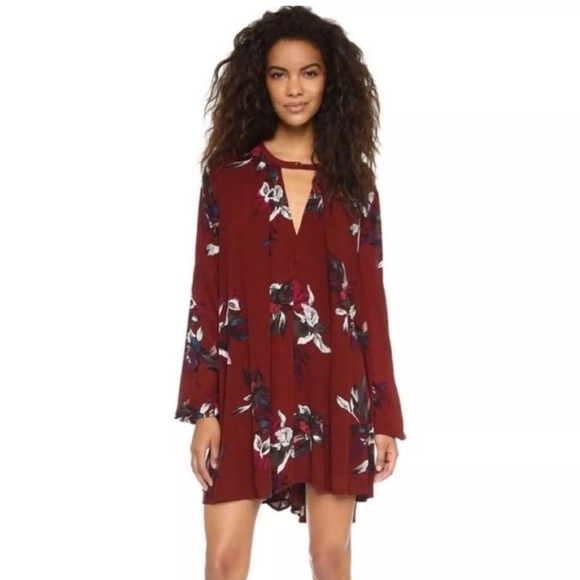 Free People Dresses & Skirts - Free People Electric Orchid Print Swing Tunic in Scarlet Combo, Sz XS, Burgundy